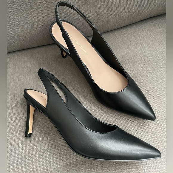 Stuart Weitzman Linsi Pointed Toe Slingback Kid Leather Black Pumps Heels US 4 - Picture 3 of 7